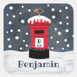 Personalized Cute Christmas Post Box & Robin  Squa Square Sticker