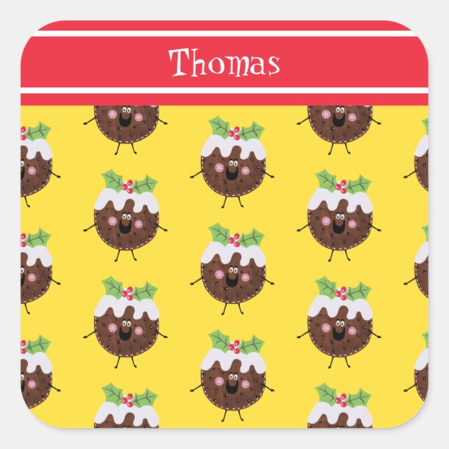 Personalized Cute Christmas Pudding Square Sticker (Front)