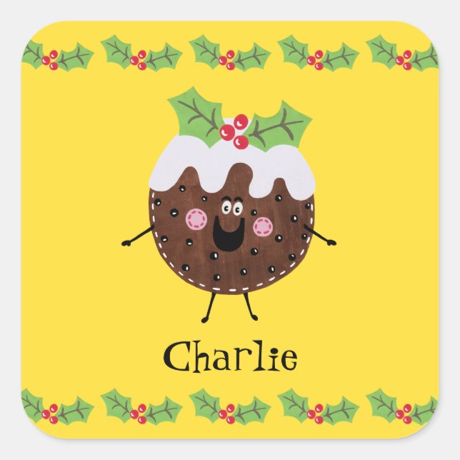 Personalized Cute Christmas Pudding Square Sticker (Front)
