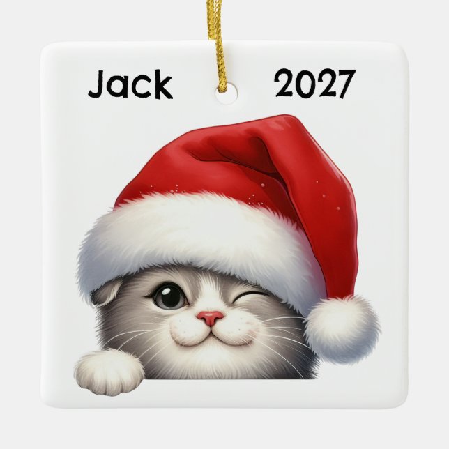 Personalized Cute Christmas Scottish Fold Cat  Ceramic Ornament (Front)