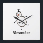 Personalized Cute Christmas Snowman Acrylic Square Wall Clock<br><div class="desc">This personalized Christmas clock features the Christmas Crew's Snowman Character.</div>