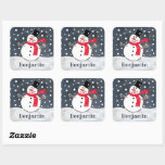Personalized Cute Christmas Snowman Square Sticker<br><div class="desc">This Snowman Christmas snow scene is printed from a collage designed by Helen McCartney Designs.</div>
