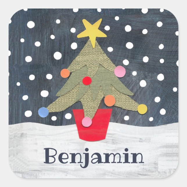 Personalized Cute Christmas Tree Square Sticker (Front)