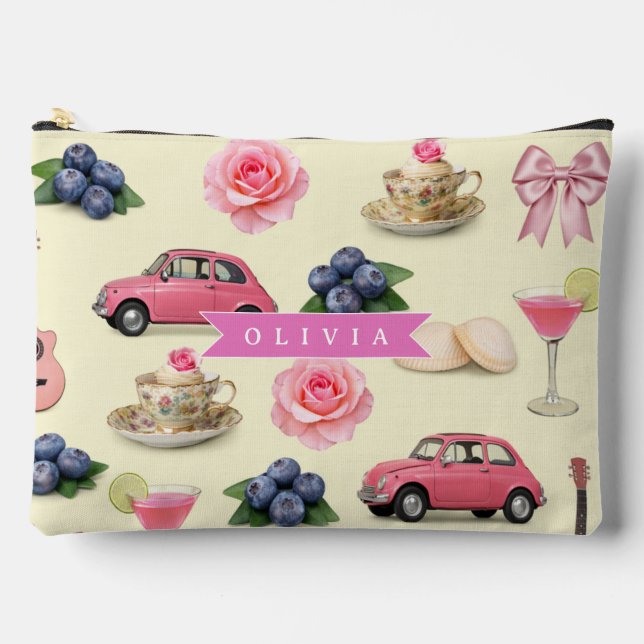 Personalized Cute Coquette Pink Cocktail Ribbon Accessory Pouch (Front)