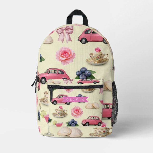 Personalized Cute Coquette Pink Cocktail Ribbon Printed Backpack (Front)