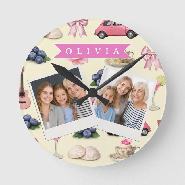 Personalized Cute Coquette Pink Cocktail Ribbon Round Clock (Front)
