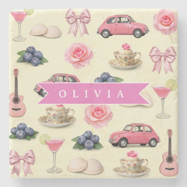 Personalized Cute Coquette Pink Cocktail Ribbon Stone Coaster (Front)