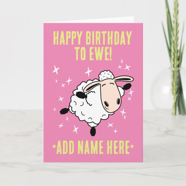 Personalized Cute Dancing Sheep Pink Birthday Card (Front)