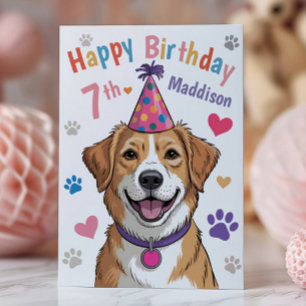 Personalized Cute Dog 7th Birthday Card for Kids