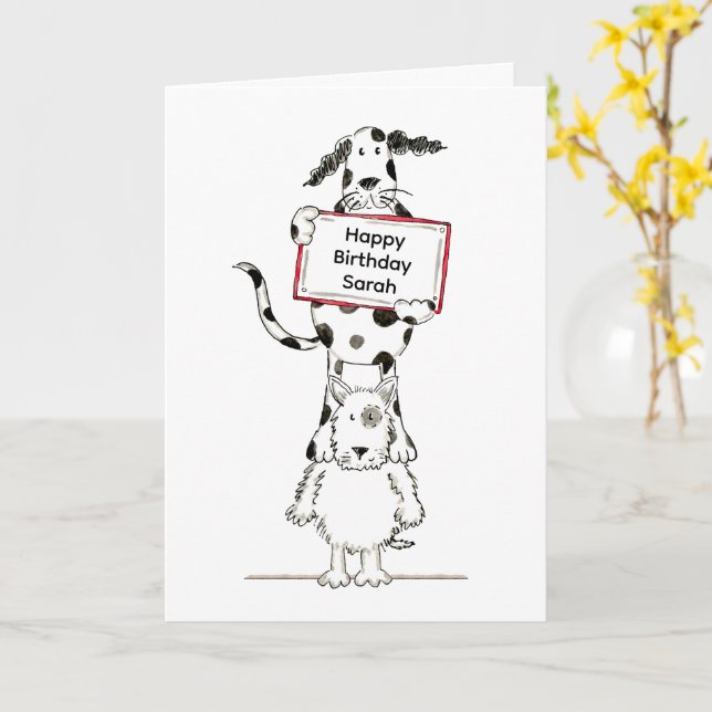 Personalized Cute Dog Acrobats Birthday Card (Yellow Flower)