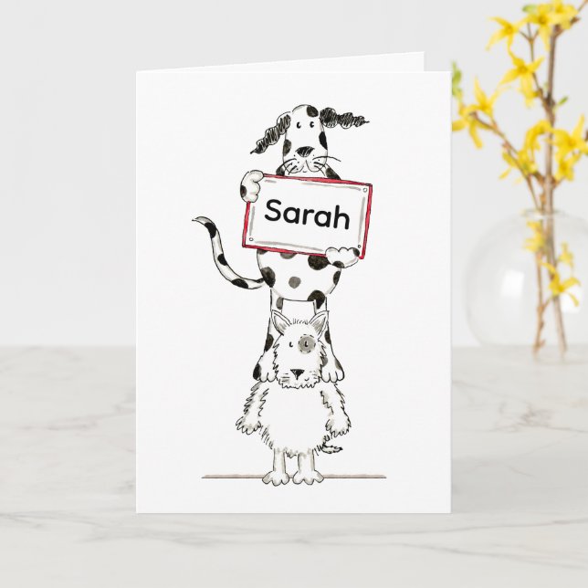 Personalized Cute Dog Acrobats Birthday Card (Yellow Flower)
