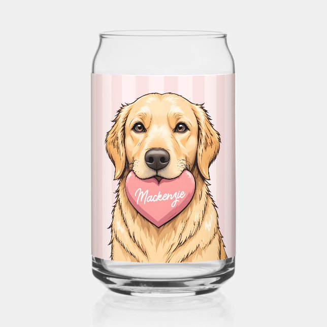 Personalized Cute Dog with Pink Heart Can Glass (Front)
