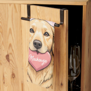 Personalized Cute Dog with Pink Heart Tea Towel