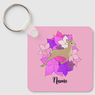 Personalized Cute Fawn and Flowers Pink Key Ring