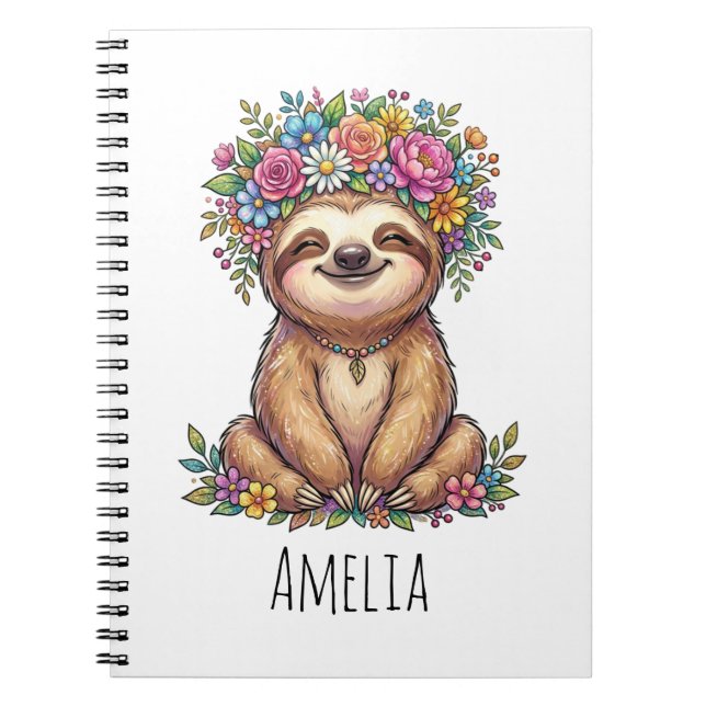 Personalized Cute Floral Sloth with Flower Crown   Notebook (Front)