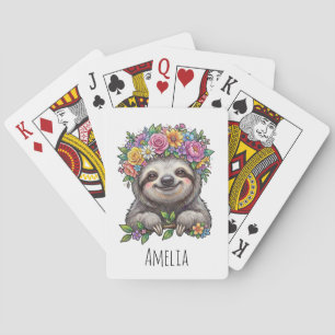 Personalized Cute Floral Sloth with Flower Crown   Playing Cards