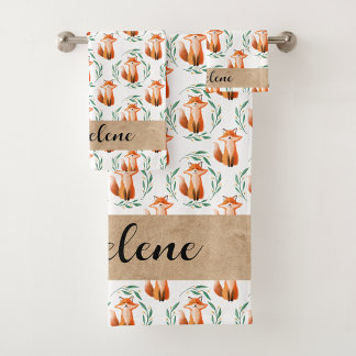 Personalized Cute Fox woodland bathroom Bath Towel Set
