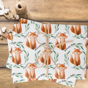 Personalized Cute Fox woodland new baby Wrapping Paper Sheet