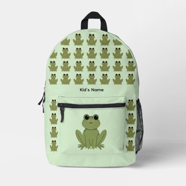 Personalized Cute Green Frog Pattern Name Printed Backpack (Front)