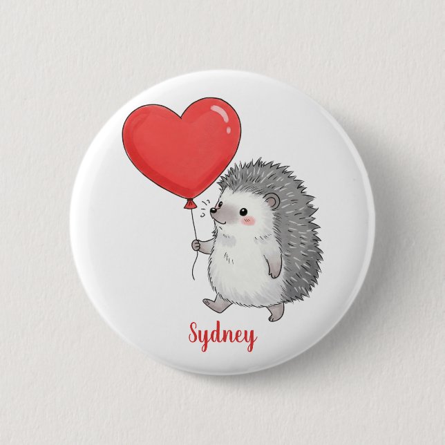 Personalized Cute Hedgehog with Heart Balloon 6 Cm Round Badge (Front)