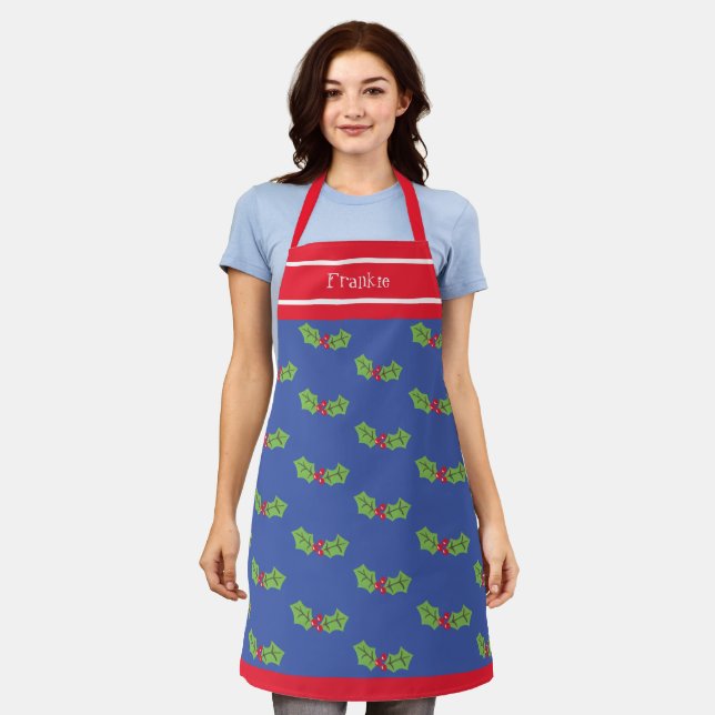 Personalized Cute Holly & Berries Christmas Apron (Worn)