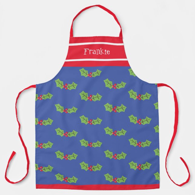 Personalized Cute Holly & Berries Christmas Apron (Front)