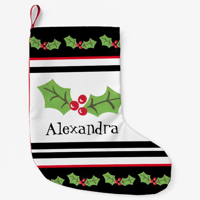 Personalized Cute Holly & Berries Small Christmas Stocking (Front)