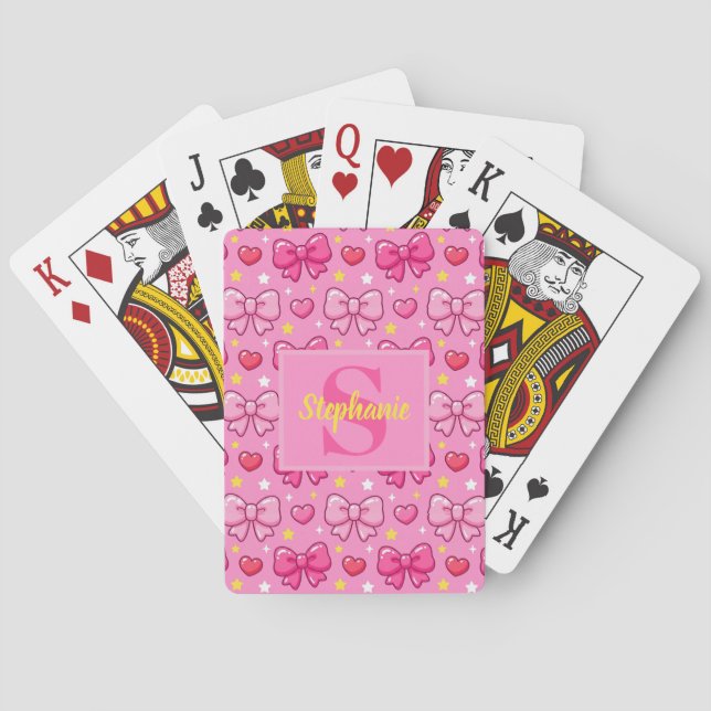 Personalized Cute Kawaii Girly Pink Bows Monogram Playing Cards (Back)