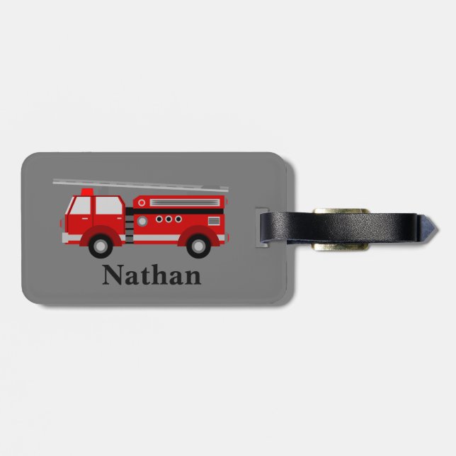 Personalized Cute Kids Red Firetruck luggage tag (Back Horizontal)