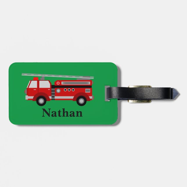 Personalized Cute Kids Red Firetruck luggage tag (Back Horizontal)
