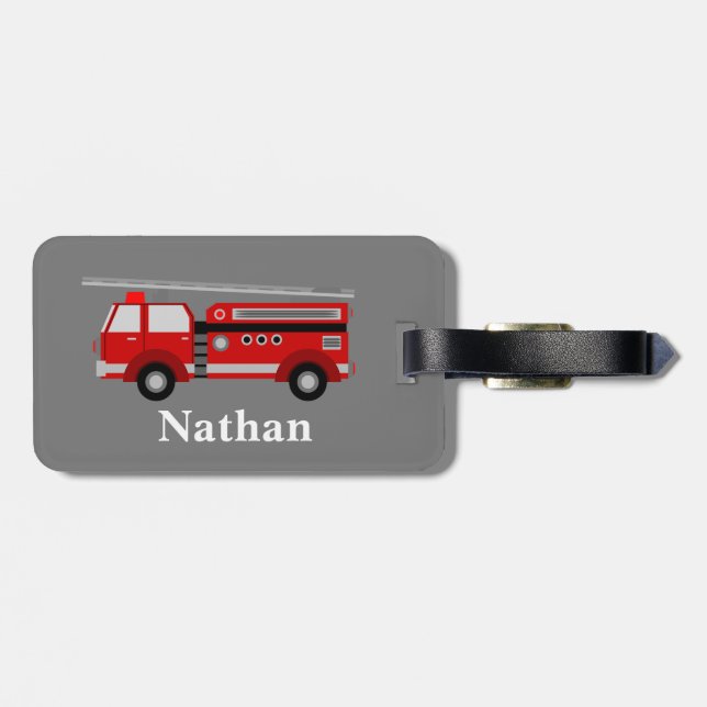 Personalized Cute Kids Red Firetruck luggage tag (Back Horizontal)