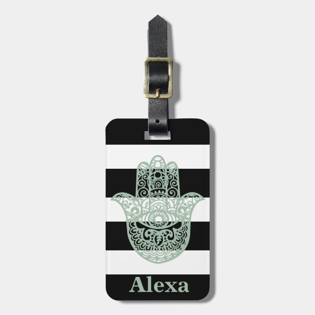 Personalized Cute lucky hamsa hand stripes Luggage Tag (Front Vertical)