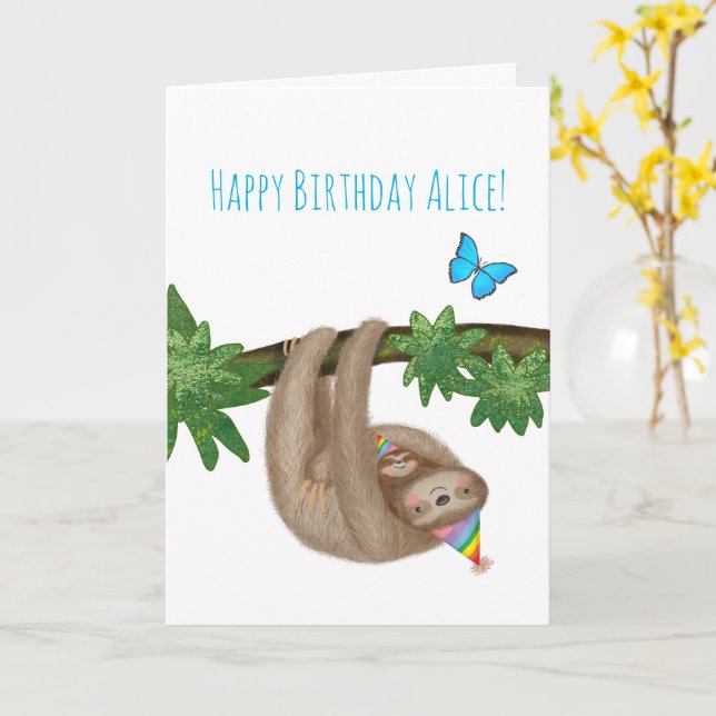 Personalized cute mom and baby sloth birthday card (Yellow Flower)