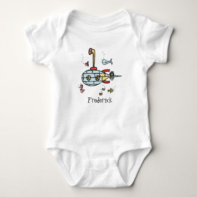 Personalized Cute Nautical Submarine Under Water Baby Bodysuit (Front)