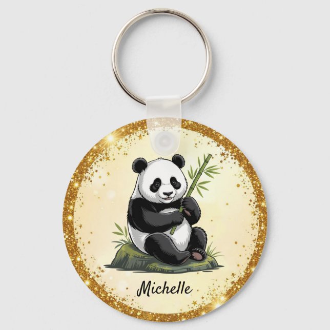 Personalized Cute Panda Bear Greenery Bamboo Gold  Key Ring (Front)