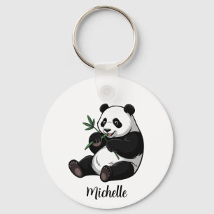 Personalized Cute Panda Bear With Greenery Bamboo  Key Ring