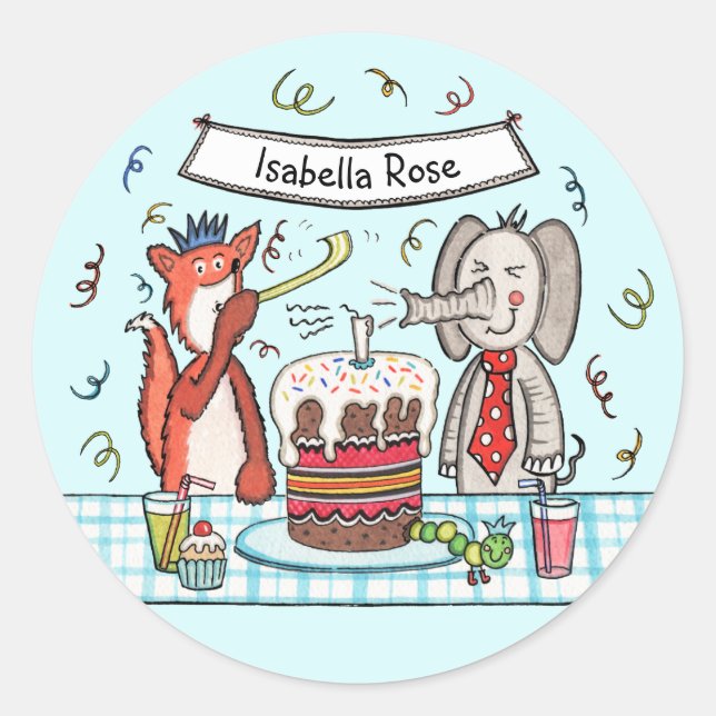 Personalized Cute Party Animals Classic Round Sticker (Front)