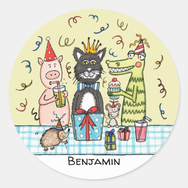 Personalized Cute Party Animals Classic Round Sticker (Front)