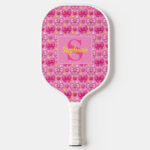 Personalized Cute Pink Bows and Hearts Monogram Pickleball Paddle