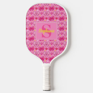 Personalized Cute Pink Bows and Hearts Monogram Pickleball Paddle