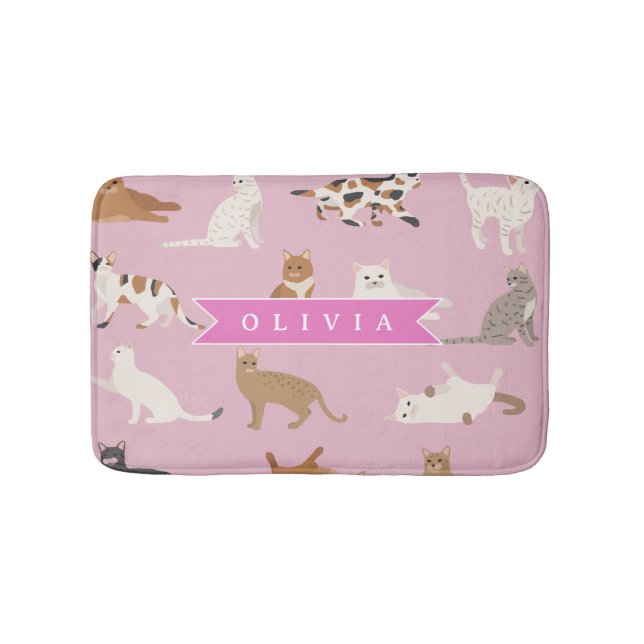 Personalized Cute Pink Cat Pattern Gift Cat Lover Bath Mat (Front)