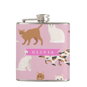 Personalized Cute Pink Cat Pattern Gift Cat Lover Hip Flask