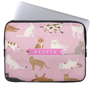 Personalized Cute Pink Cat Pattern Gift Cat Lover Laptop Sleeve