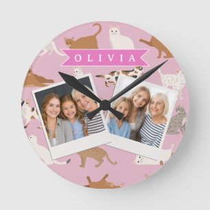 Personalized Cute Pink Cat Pattern Gift Cat Lover Round Clock