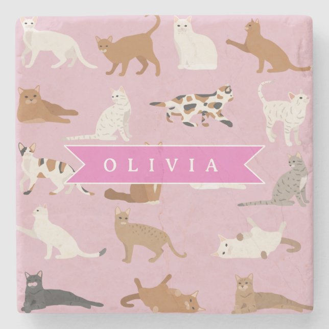 Personalized Cute Pink Cat Pattern Gift Cat Lover Stone Coaster (Front)