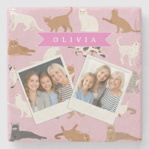 Personalized Cute Pink Cat Pattern Gift Cat Lover Stone Coaster