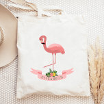 Personalized Cute Pink Flamingo  Tote Bag<br><div class="desc">This cute tote bag features an illustration of a pink flamingo with neck curved and one leg raised,  over a pink banner decorated with tropical foliage. Personalize it to create a one-of-a-kind gift to a girl who loves flamingos--or as a bridesmaid gift bag for a tropical themed wedding!</div>