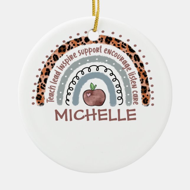 Personalized Cute Rainbow Teacher | Custom Name Ceramic Tree Decoration (Front)