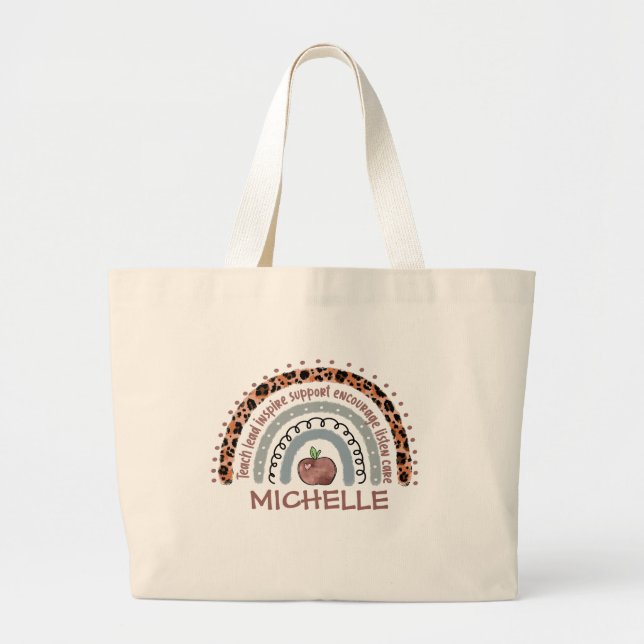 Personalized Cute Rainbow Teacher Large Tote Bag (Front)