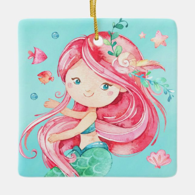 Personalized Cute Red Haired Mermaid Christmas Ceramic Ornament (Front)